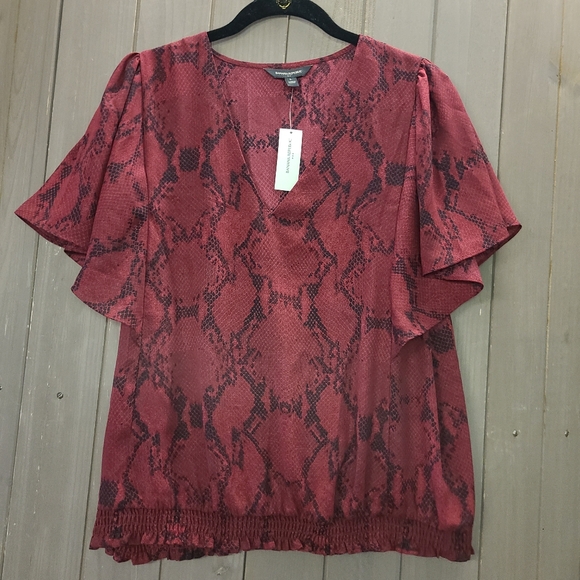 Banana Republic short flutter sleeve blouse Large maroon polyester elastic waist - Picture 1 of 9